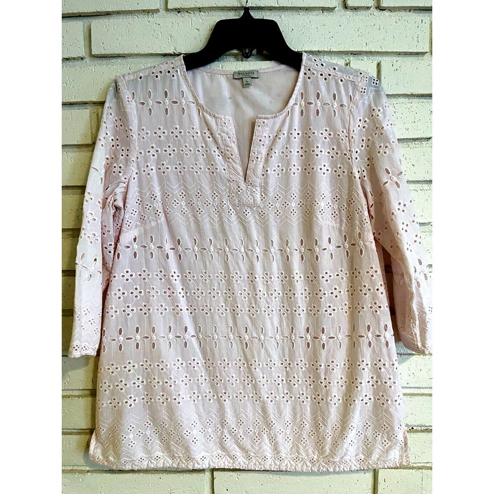 Talbots Blouse Top Womens Small Petite‎ Pink  V Neck 3/4 Sleeve Eyelet Pullover